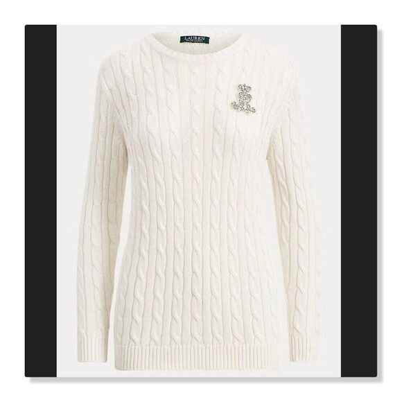 ✨ RALPH LAUREN ✨ Crest Cable-Knit Sweater - [Ivory, XXS] - Picture 2 of 13